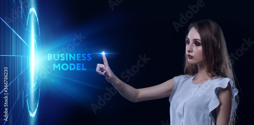 Business  Technology  Internet and network concept. Young businessman working on a virtual screen of the future and sees the inscription  Business model