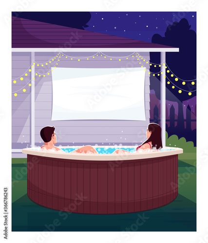 Romantic backyard date semi flat vector illustration. Partners in hot tub watch movie on projection screen. Large blank display at home. Married couple 2D cartoon characters for commercial use
