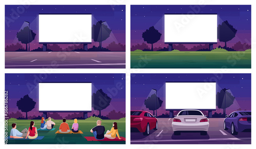 Open air cinema place semi flat vector illustration set. Large blank screen for film projection. Parking lot. Crowd watch movie. Urban movie festival 2D cartoon scenery for commercial use collection