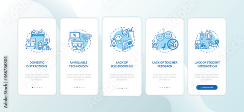 Distance learning cons onboarding mobile app page screen with concepts. Lack of teacher feedback. Walkthrough 5 steps graphic instructions. UI vector template with RGB color illustrations