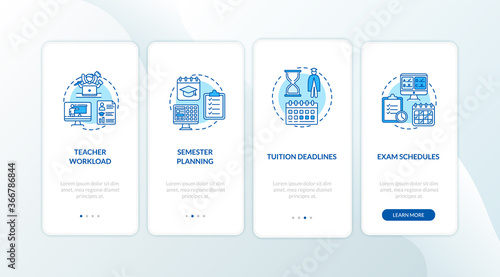 Distance learning elements onboarding mobile app page screen with concepts. Semester planning. E learning walkthrough 4 steps graphic instructions. UI vector template with RGB color illustrations