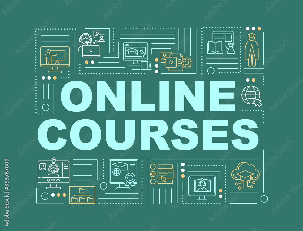 Online courses word concepts banner. Distance education. Web conferencing. Infographics with linear icons on blue background. Isolated typography. Vector outline RGB color illustration