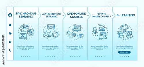 Distance learning types onboarding vector template. Synchronous and asynchronous learning. Responsive mobile website with icons. Webpage walkthrough step screens. RGB color concept