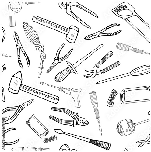 Seamless pattern with hand drawn work tools. Hand tools collection. Handmade cartoon of various sketch elements: hammer, saw, drill screwdriver. On a white background. Vector