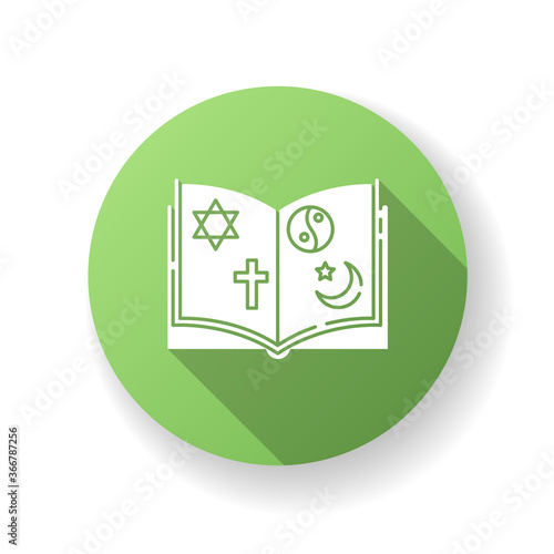 Religious education green flat design long shadow glyph icon. Book with judaism, christianity, taoism and islam signs. Theology subject. Studying religion. Silhouette RGB color illustration