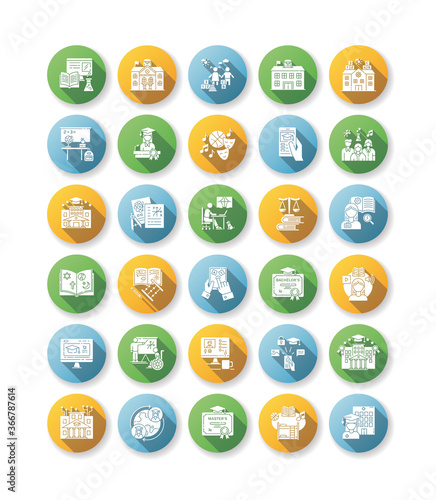Education flat design long shadow glyph icons set. Learning process, student life. Modern education system. Academic institutions and teaching types. Silhouette RGB color illustrations