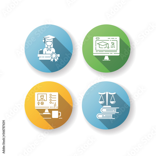 Modern higher education flat design long shadow glyph icons set. Doctoral studies, law school, online training courses and webinars. Diploma obtaining. Silhouette RGB color illustrations