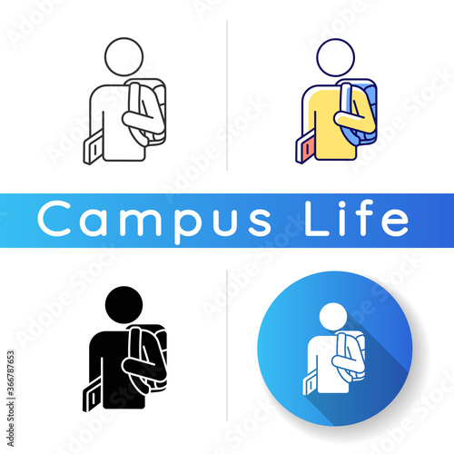 Freshman icon. Ninth grade student. High school pupil with rucksack. University undergraduates. International student. Linear black and RGB color styles. Isolated vector illustrations