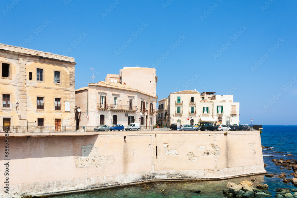 Sicily landscape, View of old buildings in seafront of Ortygia (Ortigia) Island, Syracuse, Sicily, Italy.