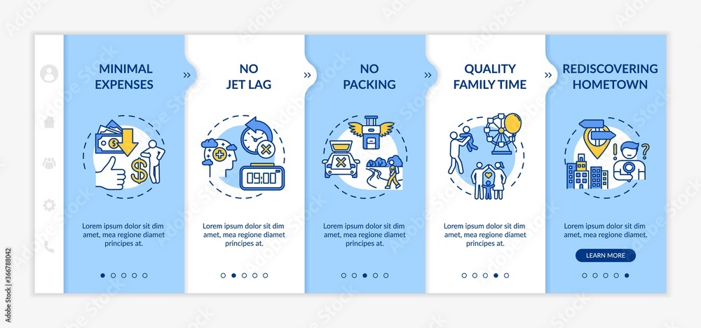 Advantages of staycation onboarding vector template. Minimal expenses and no packing. Rediscovering hometown. Responsive mobile website with icons. Webpage walkthrough step screens. RGB color concept
