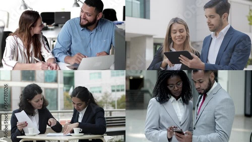 Collage of mature managers working, talking and using devicess. Experienced focused office workers with documents, phone, tablet or laptop. Multiscreen montage. Communication and cooperation concept photo