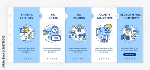 Advantages of staycation onboarding vector template. Minimal expenses and no packing. Rediscovering hometown. Responsive mobile website with icons. Webpage walkthrough step screens. RGB color concept