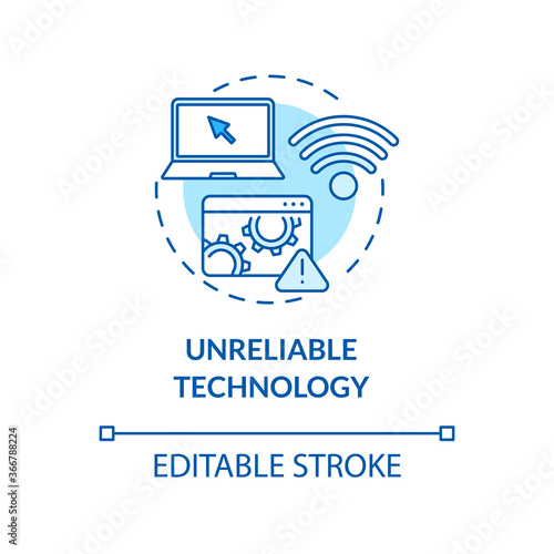Unreliable technology concept icon. Elearning problems. Weak wifi connection. Technologies in education idea thin line illustration. Vector isolated outline RGB color drawing. Editable stroke