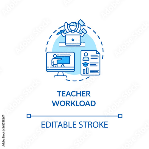 Teacher workload concept icon. Elearning. Multitasking. Remote learning. Distance tutoring idea thin line illustration. Vector isolated outline RGB color drawing. Editable stroke