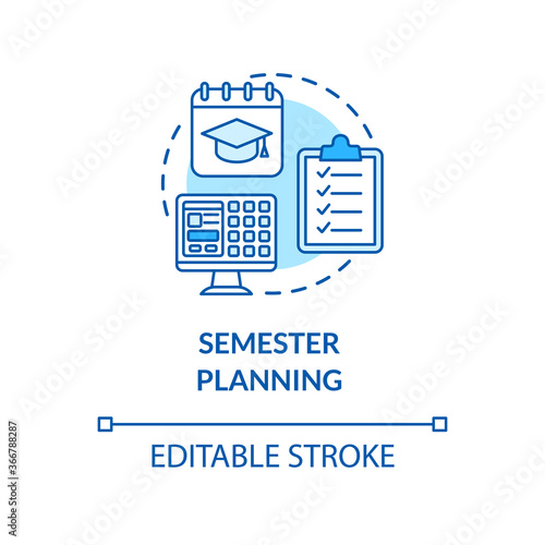 Semester planning concept icon. Academic plan. Students studying calendar. Distance education idea thin line illustration. Vector isolated outline RGB color drawing. Editable stroke