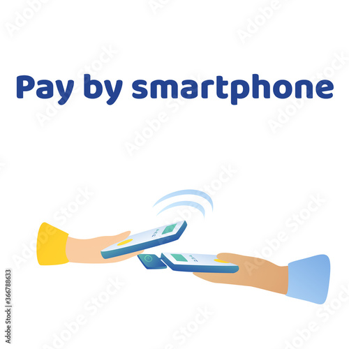 Payment for goods using a smartphone on a white background. Hand with a phone and a bank card reader. Fresh design.