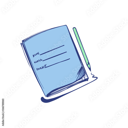 Color illustration of a blue school notebook with a pen.Stock vector illustration on a white isolated background. For a logo, for icons in social networks.