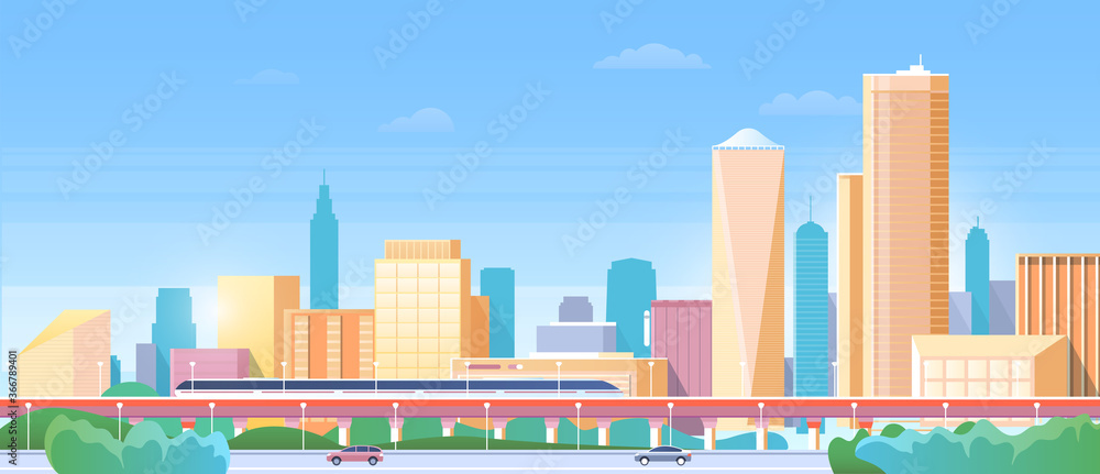 Panorama of city train subway vector illustration. Cartoon flat urban cityscape with modern metro train traveling by rail road on railway bridge, office buildings and street cars, skyline background