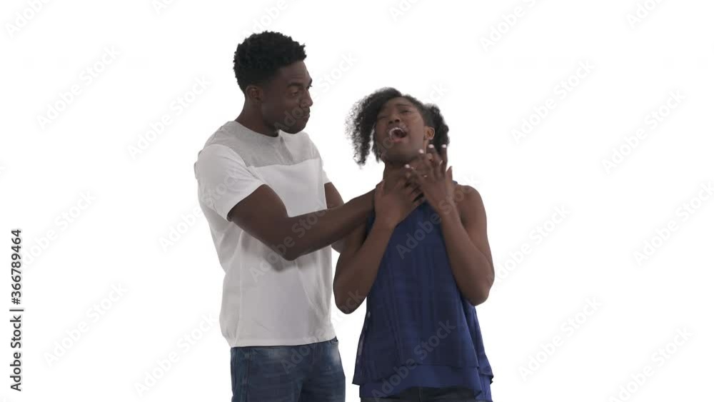 Portrait of young black couple. Aggressive young man putting hands near