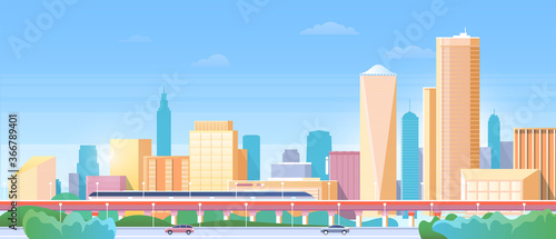 Panorama of city train subway vector illustration. Cartoon flat urban cityscape with modern metro train traveling by rail road on railway bridge, office buildings and street cars, skyline background