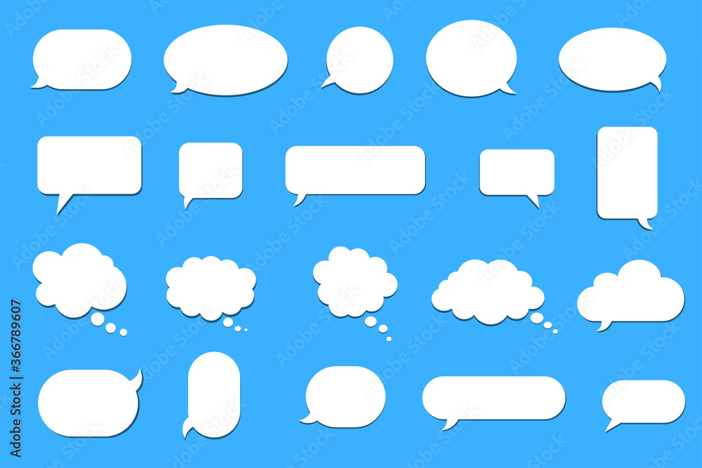 Empty white speech bubbles. Place for text. Different shape stickers. Comment or thought bubbles. Empty white speech bubbles. Place for text. Different shape stickers. Comment or thought bubbles.
