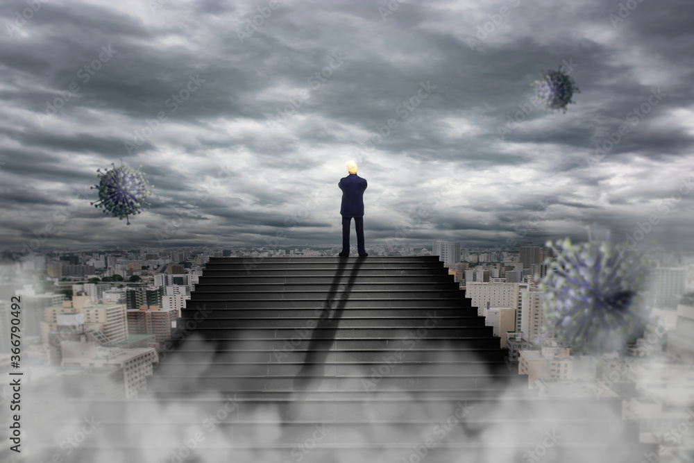 Business Crisis and CORONA Virus Concept : Businessman standing on the top of concrete staircase and looking forward to city that surrounded with virus particle floating in air.