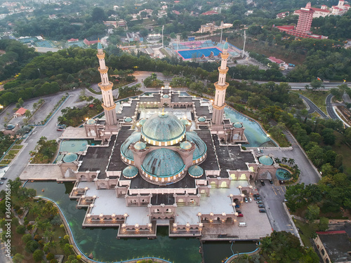 Photography Beautiful and dramatic aerial view of The Federal Territory Mosque or “Masjid Wilayah Persekutuan”, Kuala Lumpur Malaysia in the morning