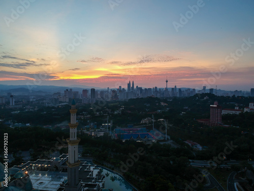 Beautiful and dramatic aerial view of The Federal Territory Mosque or    Masjid Wilayah Persekutuan     Kuala Lumpur Malaysia in the morning.