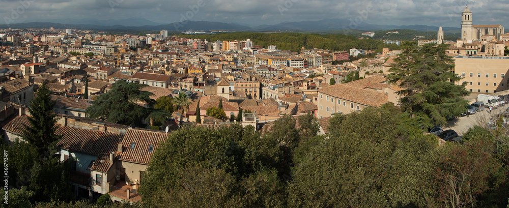 View of Girona from City Wall Walkway,Catalonia,Spain,Europe
