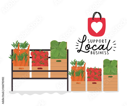 vegetables shelves and boxes with support local business design of retail buy and market theme Vector illustration