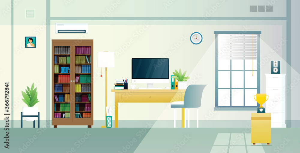 Home office with work equipment and sunlight in the window. Home office with work equipment and sunlight in the window.