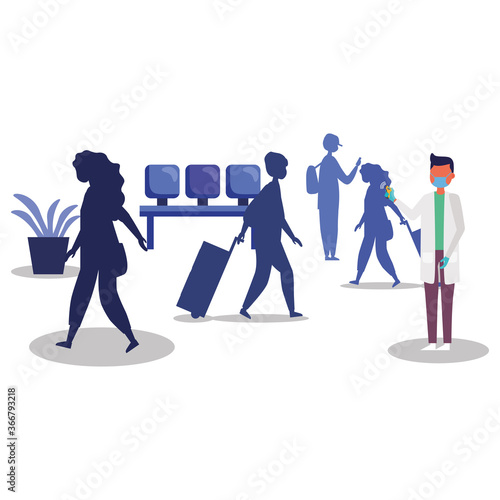 male doctor holding thermometer gun checking people at airport vector design
