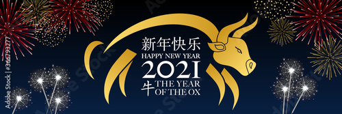 2021 - Bannière pour l’année chinoise du bœuf - décorée de feux d’artifice et de cierges magiques - texte traduction : bonne année, bœuf.