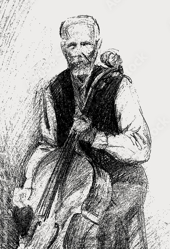 Freehand pencil drawing of an old man playing the cello