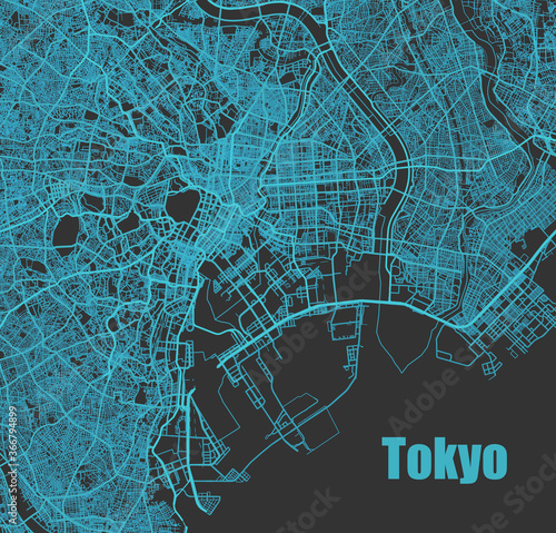 Canvas Print Stylish vector high-tech map of Tokyo, Japan. with blue streets