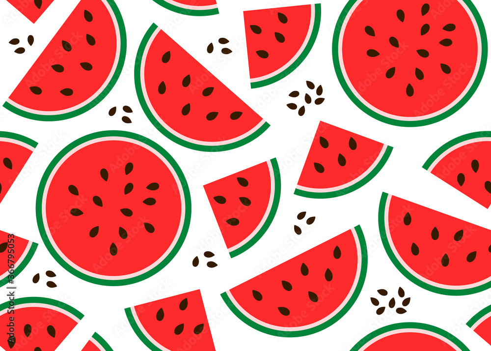 Juicy watermelon seamless pattern. Background of slices of red watermelon with seeds. Vector on white background for wallpaper, wrapping paper, fabric Juicy watermelon seamless pattern. Background of slices of red watermelon with seeds. Vector on white background for wallpaper, wrapping paper, fabric