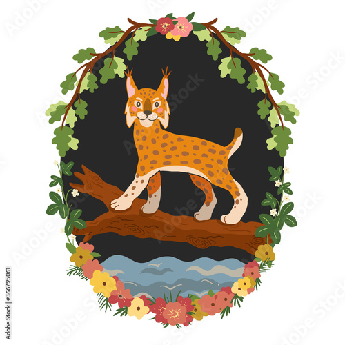 Cute lynx walking on a log, vector art print