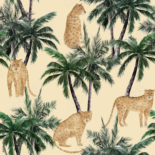 Jungle summer seamless pattern with palm trees and leopards. Tropical print. Hand drawn illustration