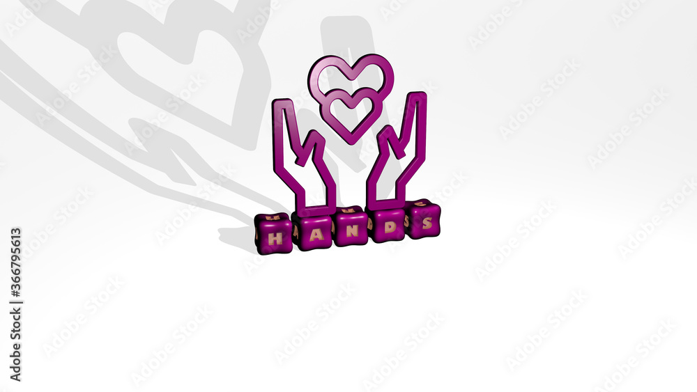 3D representation of HANDS with icon on the wall and text arranged by metallic cubic letters on a mirror floor for concept meaning and slideshow presentation. background and holding