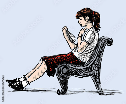 Vector image of teen girl reading book on park bench