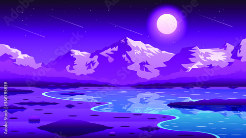 Abstract NIght Sky Gradient Background Vector With Mountains Lake And Moon Nature Vector Design Style