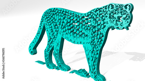 BIG CAT made by 3D illustration of a shiny metallic sculpture with the shadow on light background. beautiful and blue