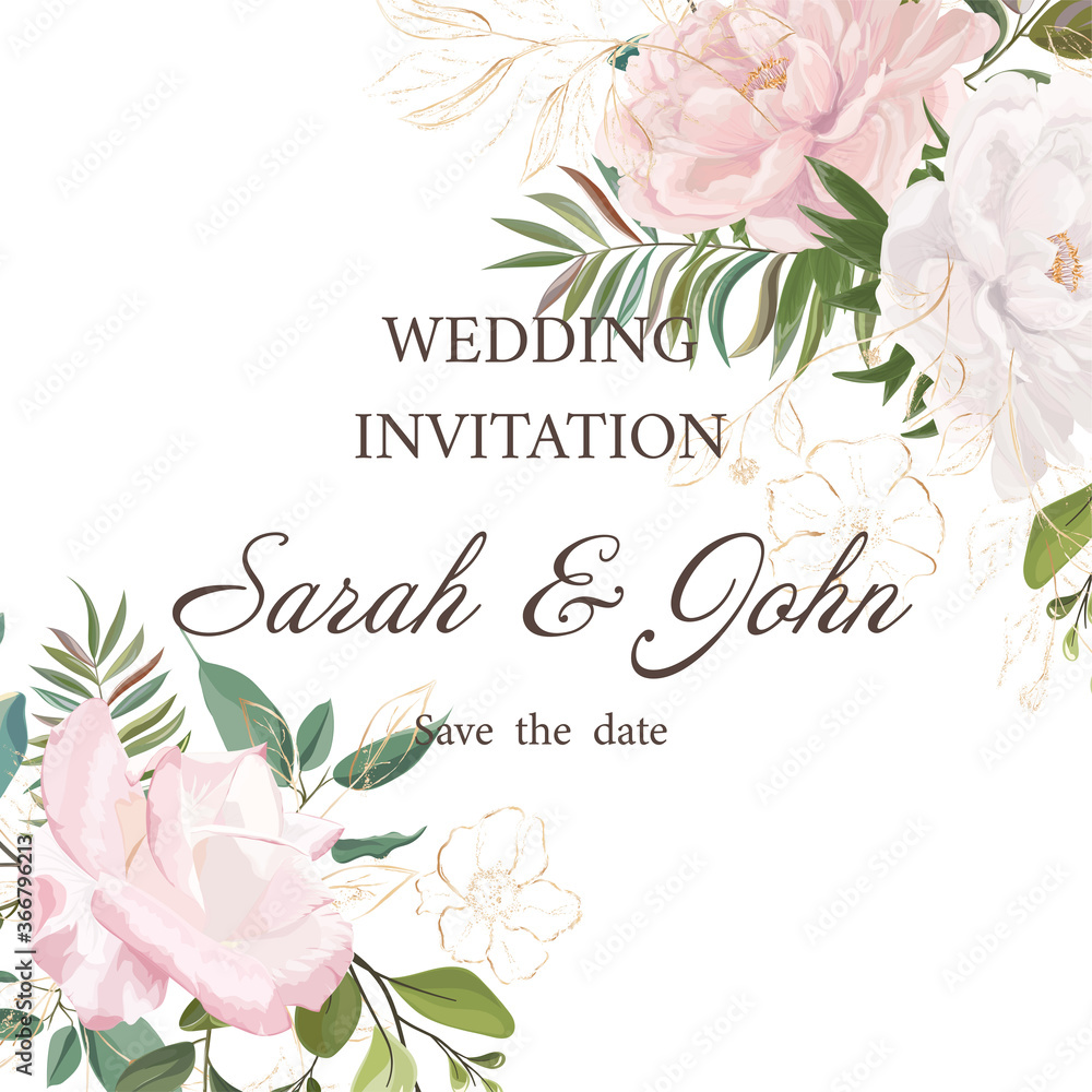 Wedding invitation with flowers, watercolor, isolated on white. Vector Watercolor.