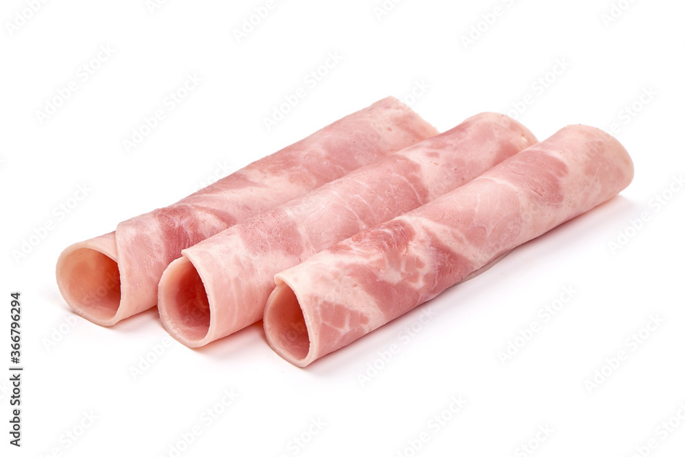 Boiled Ham Slices, close-up, isolated on a white background Boiled Ham Slices, close-up, isolated on a white background
