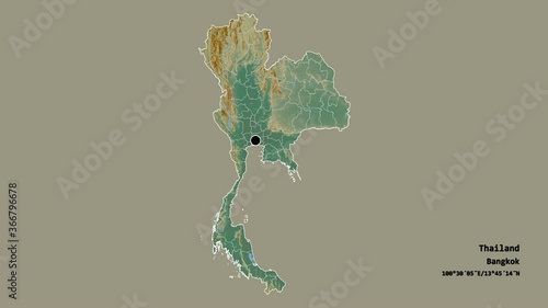 Phangnga, province of Thailand, with its capital, localized, outlined and zoomed with informative overlays on a relief map in the Stereographic projection. Animation 3D photo