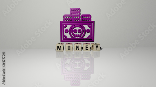 3D illustration of MONEY graphics and text made by metallic dice letters for the related meanings of the concept and presentations. business and background photo