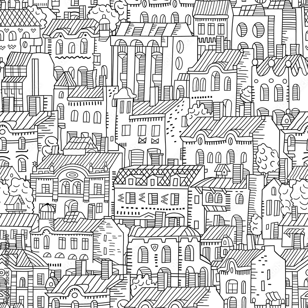 Vector hand drawn linear houses seamless pattern.