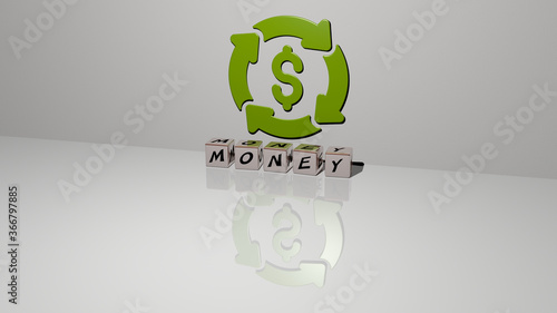 3D illustration of MONEY graphics and text made by metallic dice letters for the related meanings of the concept and presentations. business and background photo