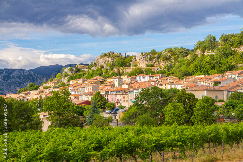 Aiguines village next to Verdon Gorge (Gorges du Verdon) in the Provence-Alpes-Côte d'Azur region in southeastern France.