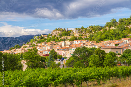 Aiguines village next to Verdon Gorge (Gorges du Verdon) in the Provence-Alpes-Côte d'Azur region in southeastern France.